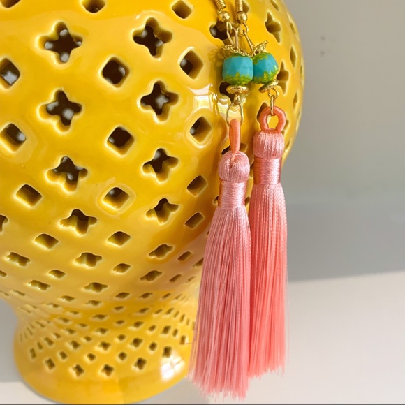 NEW Tassel Earrings - Handmade Peach & Turquoise - Picture 2 of 6
